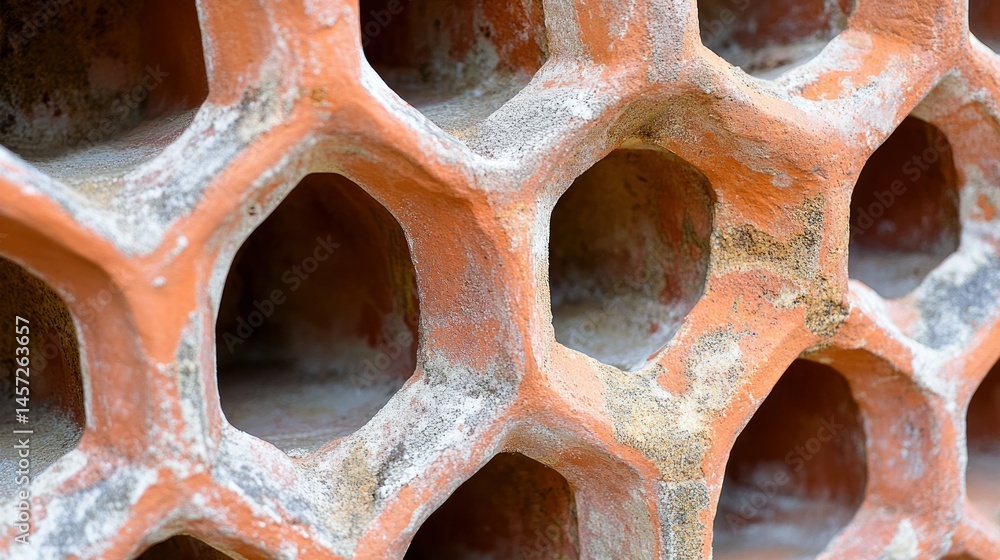 Poster a close up image of a weathered hexagonal honeycomb structure