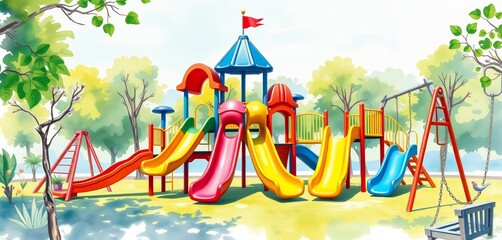 Joyful watercolor playground scene with vibrant slides, swings, and climbing structures, imagination, bright
