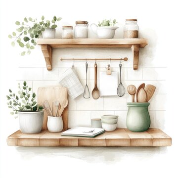 Wooden shelf adorned with various kitchen utensils and containers is the focal point of this image.