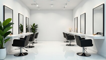 Sleek modern hair salon interior White walls, stylish chairs , hair care, minimalist, comb