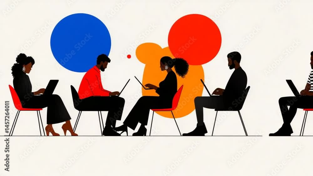 Poster diverse group of people engaged in creative work using laptops in modern collaborative workspace wit