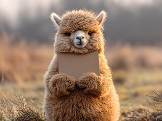 Fluffy alpaca holding a blank cardboard sign in a sunny field