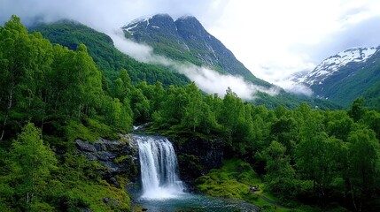 Fototapeta premium Serene Waterfall Cascading Down Majestic Mountains in Norway