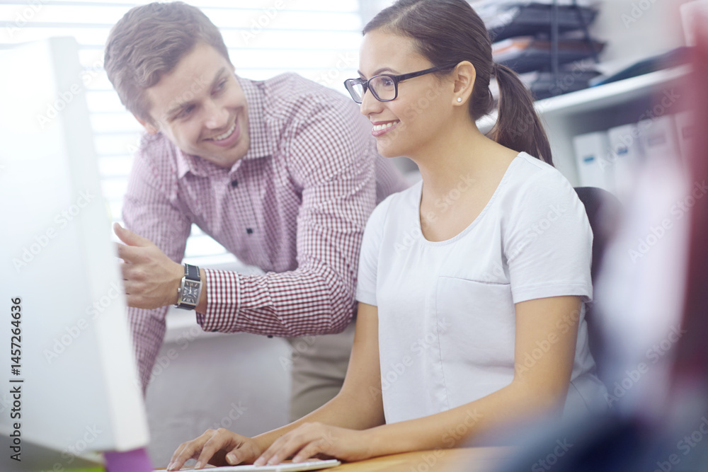 Aufkleber Business people help, talking and point at computer for teamwork, problem solving and solution in office. Smile, manager man and girl with show pc screen for internship training, new job and support
