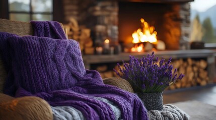 A comfortable scene with a purple throw on a chair, cozying up by a fireplace, with lavender.