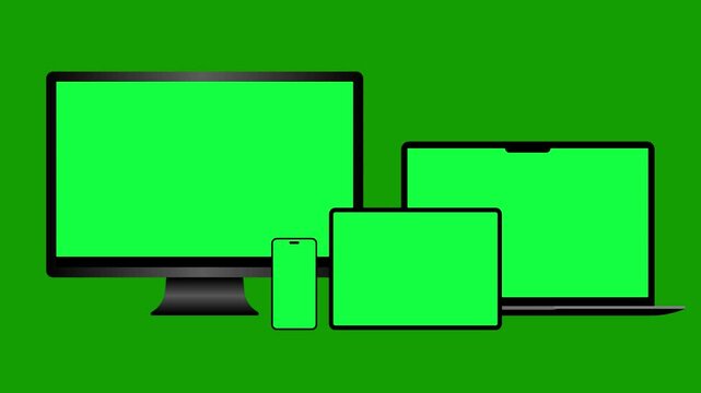Tablet, LED TV, Laptop, and Mobile Device Mockup with Green Screen , Tablet, LED TV, Laptop and Mobile Device Animated Mockup 4K Animated Blank Screen Devices Mockups with Chroma Key