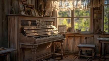 An aged wooden piano sits inside a rustic windowed room