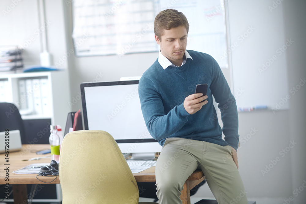 Poster business, office and man at desk, cellphone and typing with social media, online reading and digital