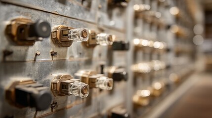 Industrial switchboard with metallic textures, directional lighting and blurred background, showcasing precision and robust engineering.

