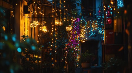 Naklejka premium Colorful string lights decorate the outdoor of a building at night