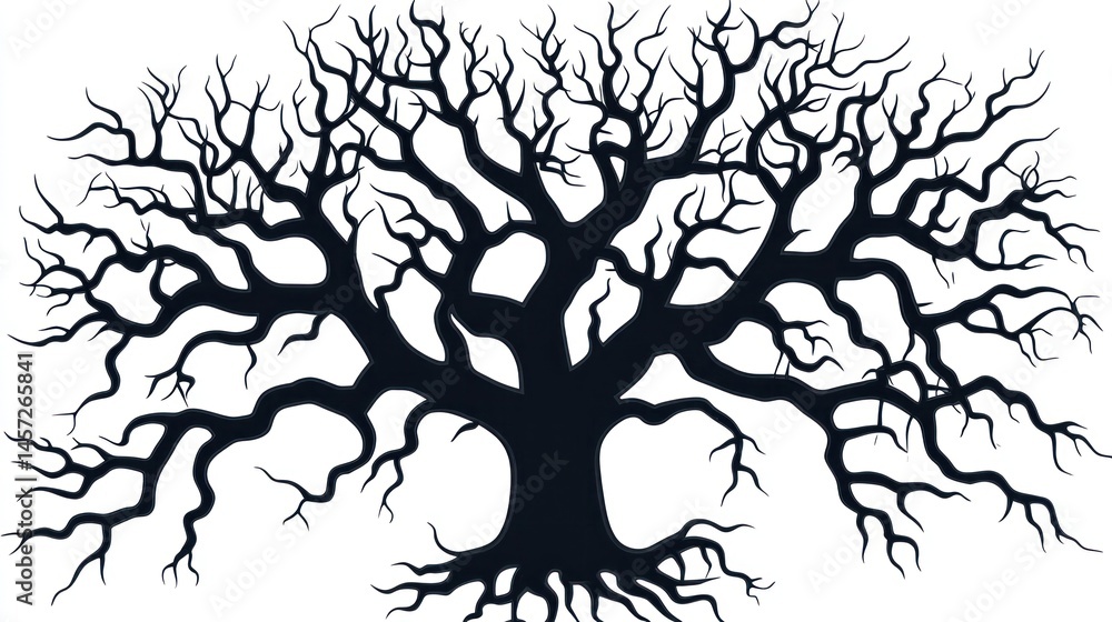 Poster silhouette of a tree with extensive, bare branches. branches and roots intricate