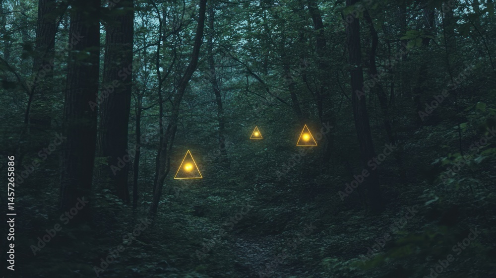 Poster three illuminated triangular shapes float within a dark forest