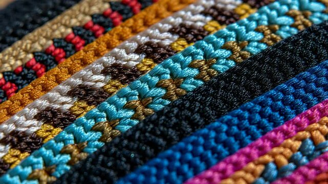 Closeup of vibrant braided friendship bracelets arranged in a colorful row with texture and detail creating abstract pattern art