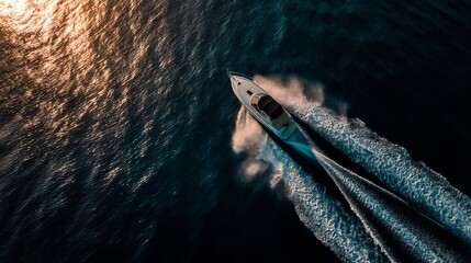 Obraz premium Sports boat speeding across the blue sea at sunset in a summer aerial view. 