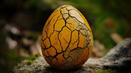A cracked golden egg resting on a textured natural surface