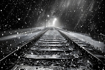 Obraz premium Snowy train track with distant light and falling snow creating a moody serene winter scene