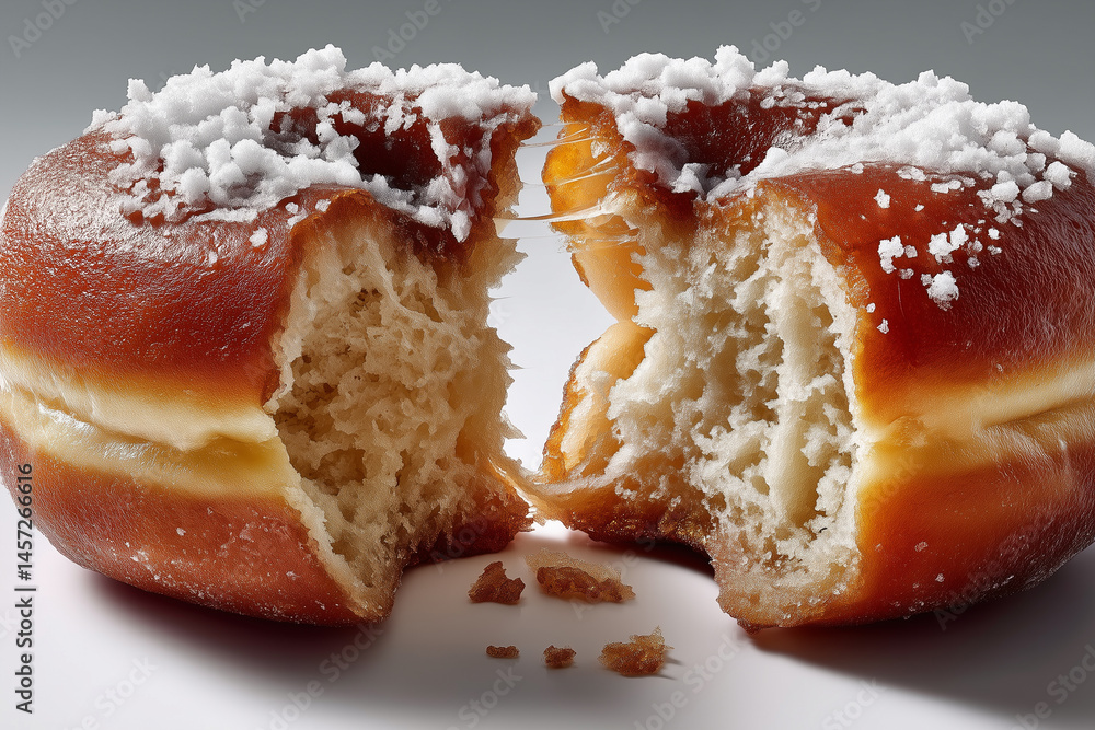Poster minimalist photo of split open donut displaying fluffy interior with powdered sugar topping. clean b