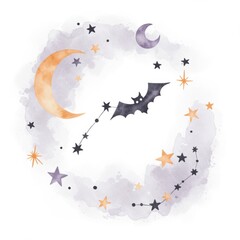 Watercolor Halloween Night Sky with Bat and Stars