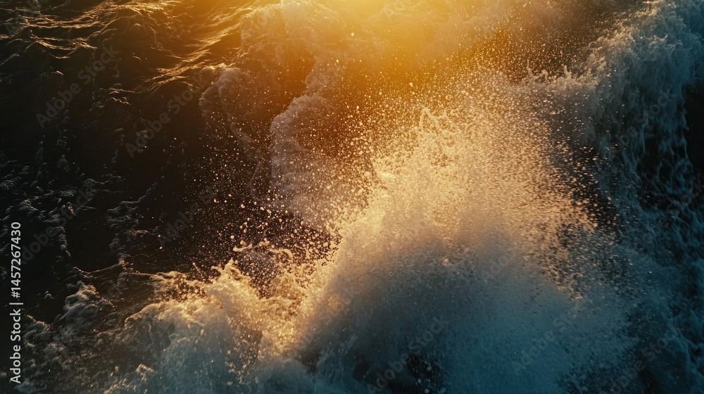 Poster dramatic oceanic wave cresting with illuminated splashing droplets and foam