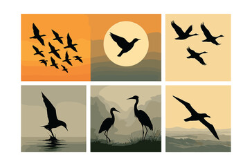 Minimalist bird silhouette icons set – flock, sunset, heron, flight, nature. Vector icons set