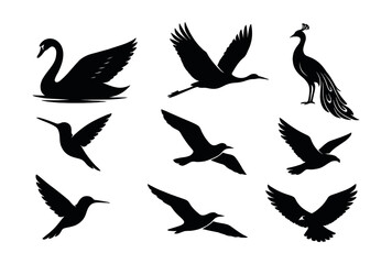 Obraz premium Graceful bird silhouette icons set – swan, crane, peacock, hummingbird, goose, eagle. Vector icons set
