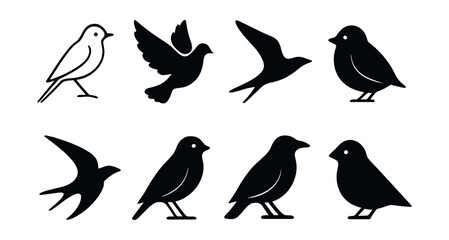 Obraz premium Minimalist bird silhouette icons set – sparrow, dove, swallow, finch, robin, flight, birdwatching. Vector icons set
