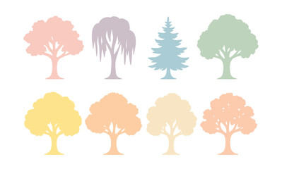Pastel tree silhouette icons set &ndash; oak, pine, willow, neon, glow, collection, gradient, elegant, nature. Vector icons set