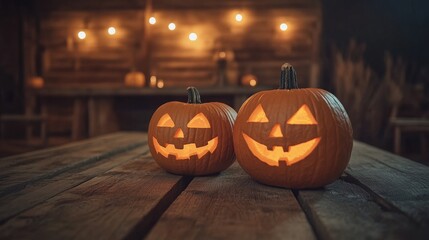 Smiling Jack-O'-Lanterns on Rustic Table with Soft Candlelight in Cozy Autumn Setting