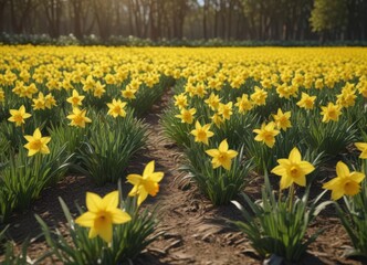 Fototapeta premium Sunlit daffodil field, vibrant yellow blooms, spring freshness, background, detail, photography