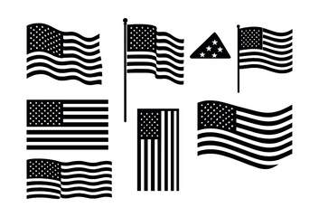 American flag silhouettes icons set – waving, pole, triangular, stars, stripes. Vector icons set