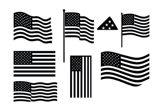 American flag silhouettes icons set – waving, pole, triangular, stars, stripes. Vector icons set