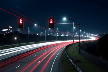 Fototapeta premium Dynamic High-Speed Motion Blur of Traffic Lights on a Curved Highway