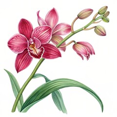 Fototapeta premium Elegant Orchid Blossom: Detailed Botanical Illustration of a Vibrant Pink Cymbidium, Symbolizing Beauty, Luxury, and Exotic Flora.