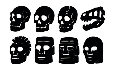 Fototapeta premium Zestaw ikon czaszek sylwetkowych – człowiek, dinozaur, irokez, frankenstein, maska tiki, pęknięty. Zestaw ikon wektorowych