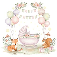 Fototapeta premium Pastel Watercolor Baby Shower with Fox and Squirrel