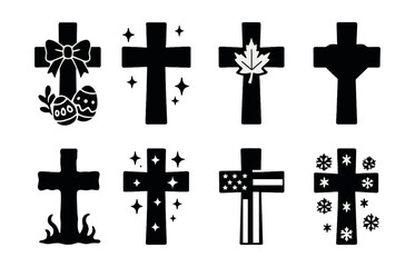 Holiday themed crosses icon set – easter, christmas, maple, sparkles, american, fire, snowflakes. Vector icons set