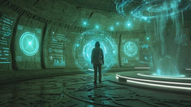 Technologists in a futuristic archaeological site, ancient alien-like technology, massive holographic star maps encrypted codes, fusion ancient stone sleek tech interfaces, mystical glowing particle