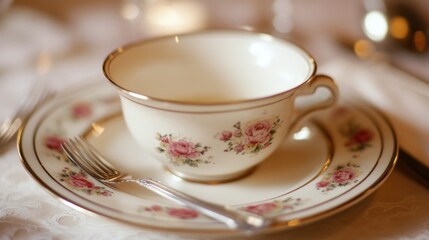 Elegant floral teacup and saucer setting on a white tablecloth