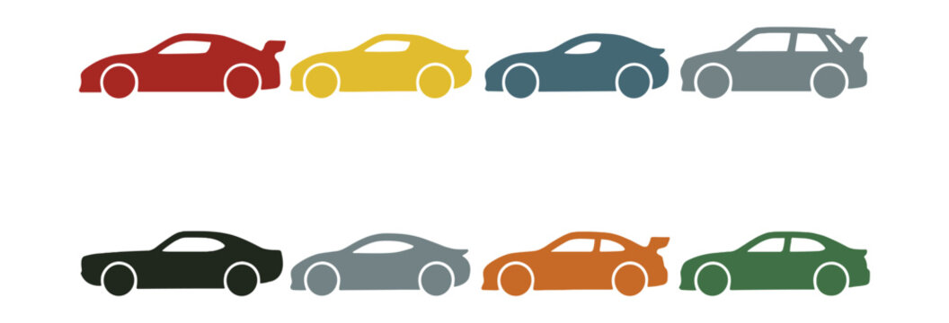 Silhouette sports cars icons set – coupe, hatchback, sedan, convertible, racing, classic. Vector icons set