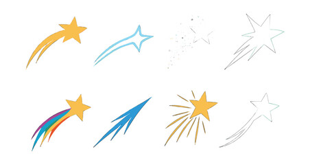 Shooting star silhouettes icons set &ndash; comet, meteor, night, sky, magic, tail, glow. Vector icons set