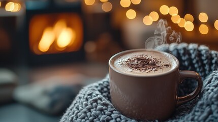 A steaming mug of hot chocolate with whipped cream and chocolate shavings in front of a cozy fireplace with string lights. This image embodies warmth, comfort and indulgence. 