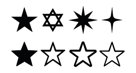 Star silhouette icons set – 8 variations of star designs for versatile use. Vector icons set