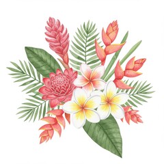 Obraz premium Watercolor Tropical Flower Bouquet with Red Pink White Blooms