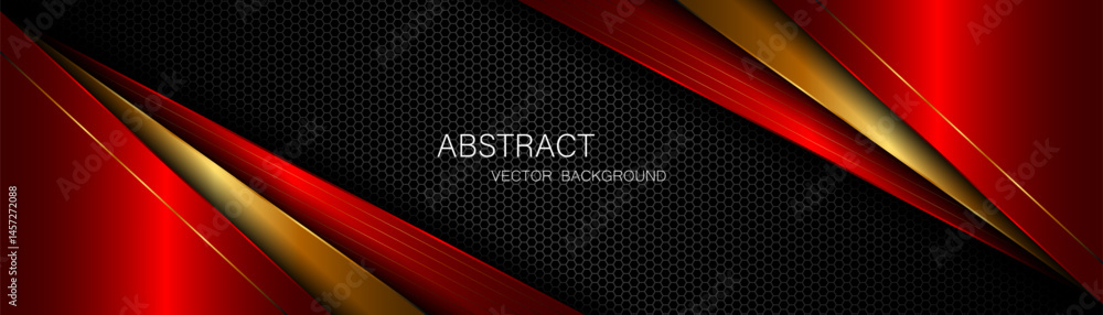 Fototapete Abstract red and gold polygon with golden lines on dark steel mesh background with empty space for design. modern technology innovation concept background	