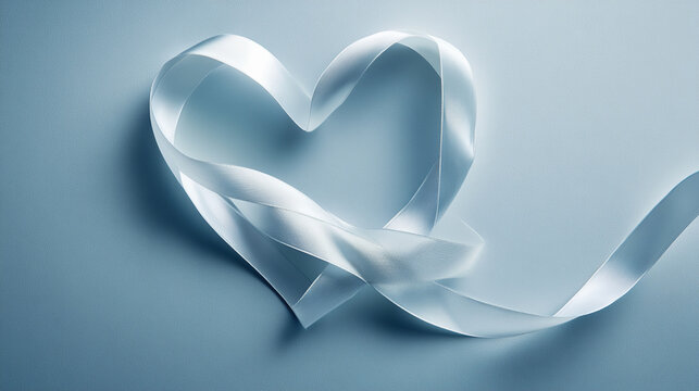 Heart- shaped ribbon with soft folds and shadows on white background , prefect for love , weddings, and charity themes. 