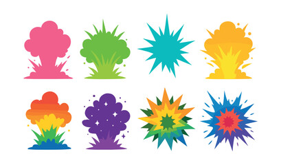 Colorful explosion icons set – burst, blast, boom, radiant, vivid, impact, dynamic, energy, shockwave, fiery. Vector icons set
