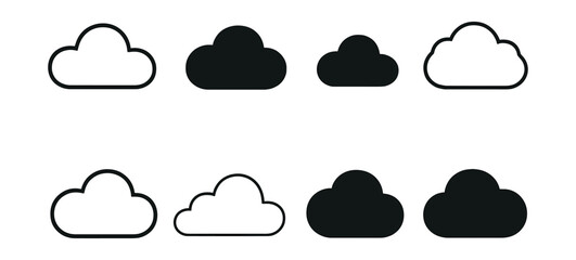 Minimalist cloud icons set – outline, filled, simple, weather, design, monochrome, shapes, web, ui. Vector icons set