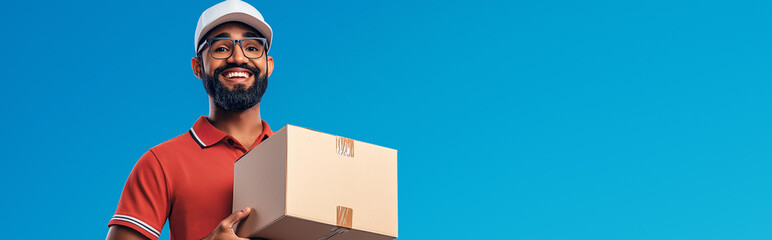 Smiling delivery man holding package wearing uniform and cap on bright blue background