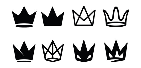 Modern crown silhouettes – elegant, royal, minimalist, geometric, classic, regal, sharp, majestic, noble, ornate. Vector icons set