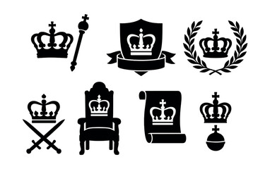 Royal silhouette icons set – crown, scepter, throne, shield, scroll, sword, laurel, orb. Vector icons set